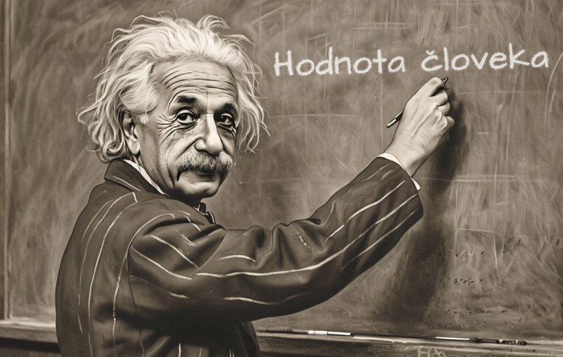 Albert Einstein píše na tabuľu